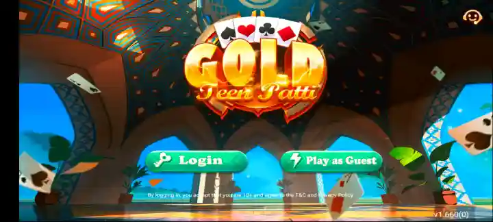 3Patti Gold Game login screen with Login and Play as Guest buttons
